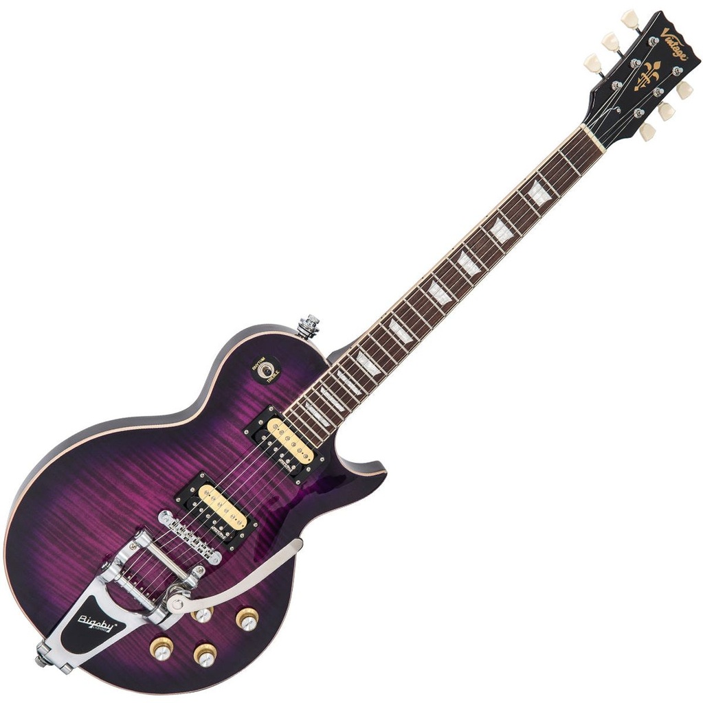 Vintage V100 Guitar - Purple Flamed Maple w/ Bigsby