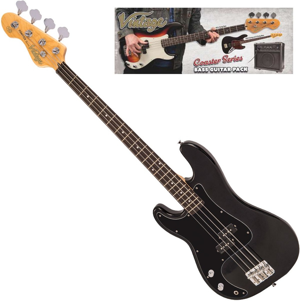 Vintage V40 Coaster Left Handed Bass Guitar Pack - Gloss Black