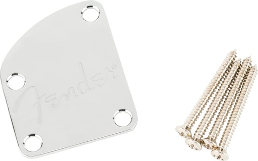 [7708383049] Fender 4-Bolt Deluxe Series Contoured Neck Plate Spaghetti Logo Chrome