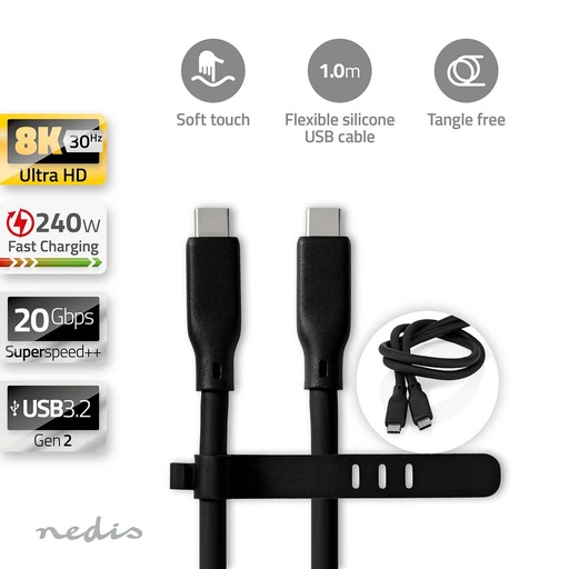 Nedis USB-Kabel USB 3.2 Gen 1 | USB-C™ Male | USB-C™ Male | 60 W | 4K@60Hz | 5 Gbps | Vernikkeld | 2.00 m | Rond | PVC | Zwart