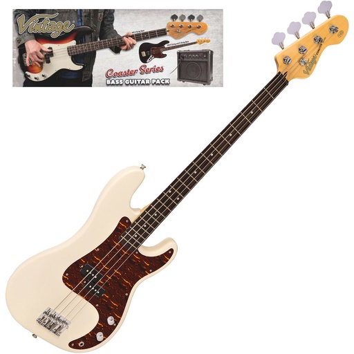[VIP-V40VW] Vintage V40 Coaster Bass Guitar Pack - Vintage White