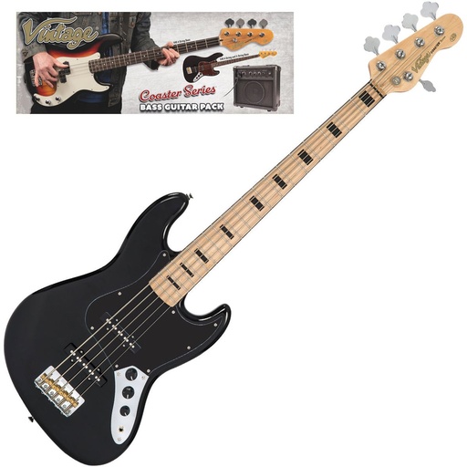 [VIP-V495BLK] Vintage V495 Coaster 5 String Bass Guitar Pack - Gloss Black