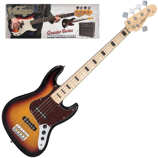 [VIP-V495SB] Vintage V495 Coaster 5 String Bass Guitar Pack - 3 Tone Sunburst