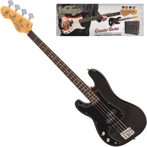 [VIP-LHV40BLK] Vintage V40 Coaster Left Handed Bass Guitar Pack - Gloss Black